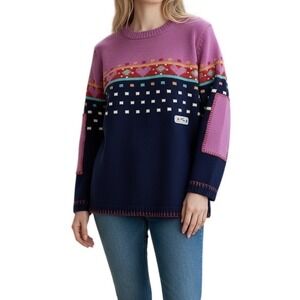 Iggy Pink Blue Heart Fair Isle Valentine's Lambswool Womens Sweater Small Scandi
